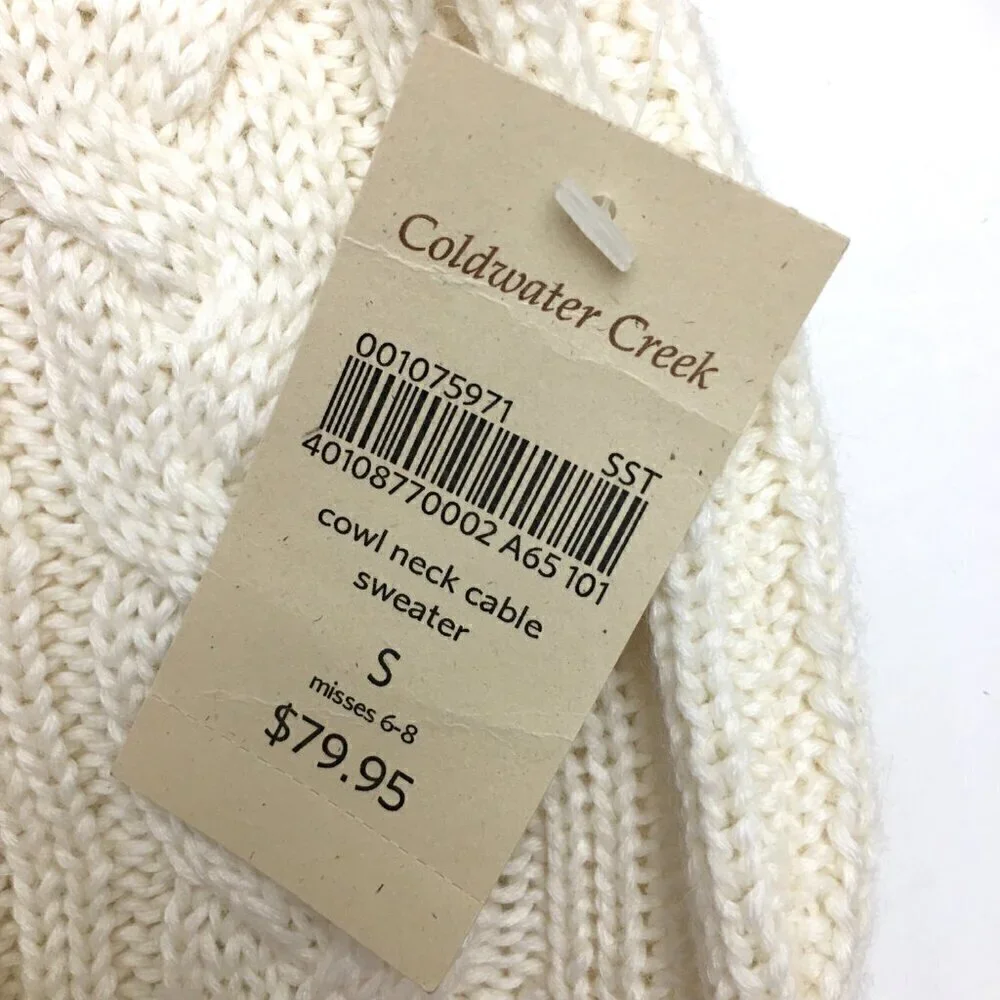 NEW Coldwater Creek Women's Cream Cowl Neck Cable Knit Sweater 3/4 Sleeves S